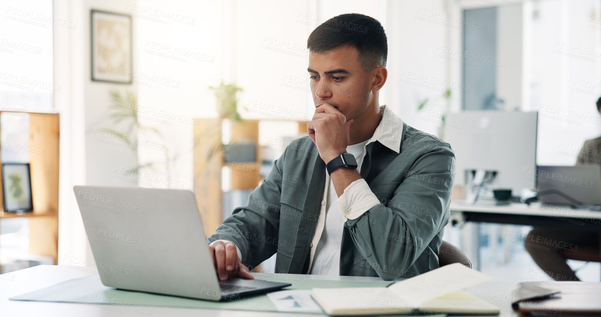 Buy stock photo Businessman, laptop or thinking with documents for business idea, planning or strategy in office. Thoughtful, man or employee with computer for schedule, brainstorming or decision making in workplace