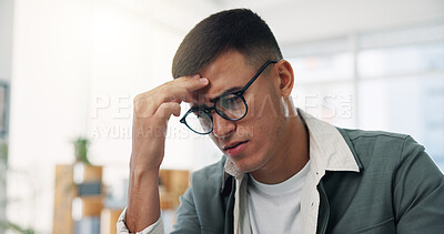 Buy stock photo Tired, businessman and headache with stress in office for overworked pressure, mistake or strain. Frustrated, man or employee with migraine or anxiety for project deadline or burnout in workplace