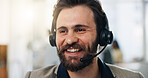 Happy man, consultant or call center with headset for online advice, telemarketing or CRM in office. Businessman, agent or smile with mic for virtual assistance, web help or customer service helpdesk