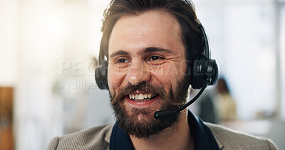 Buy stock photo Happy man, consultant or call center with headset for online advice, telemarketing or CRM in office. Businessman, agent or smile with mic for virtual assistance, web help or customer service helpdesk