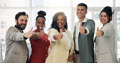 Buy stock photo Thumbs up, collaboration and portrait of business people in office for teamwork with approval. Happy, group and creative editors with hand gesture for agreement, solidarity or vote in workplace.