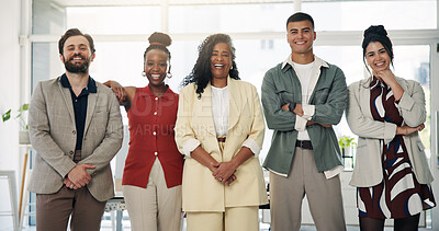 Buy stock photo About us, laughing and management team with designer people in office for creative career. Confident, diversity and funny with group of happy employees in design workplace for company development