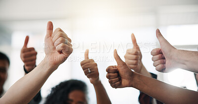 Buy stock photo Thumbs up, partnership and hands of business people in office for teamwork with approval for project. Collaboration, group and creative editors with gesture for agreement, solidarity or vote.