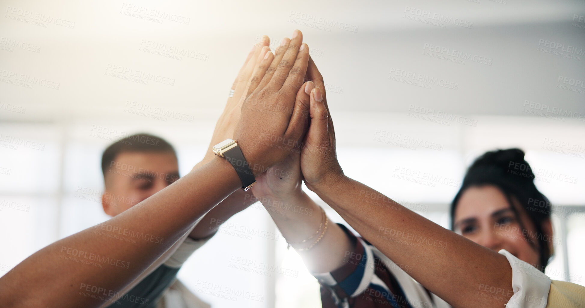 Buy stock photo Hands, high five and business people in office for collaboration, teamwork or support with solidarity. Celebration, partnership and group of creative editors with cheering for publishing deal.