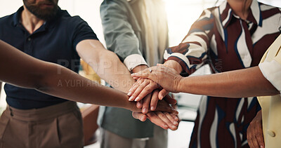 Buy stock photo Stack of hands, solidarity and business people in office for teamwork, collaboration or support. Celebration, partnership and group of creative editors with cheering for publishing deal in workplace.
