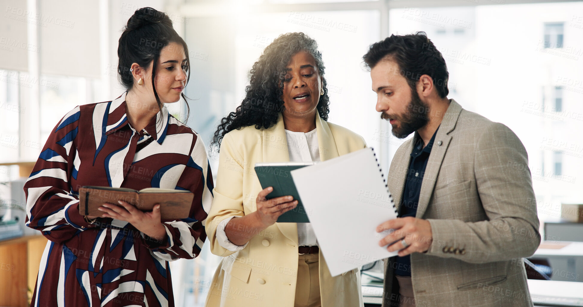 Buy stock photo Media agency, discussion and people in office, tablet and ideas for creative project. Employees, copywriting and journalist with teamwork, planning or cooperation for news report publication and app