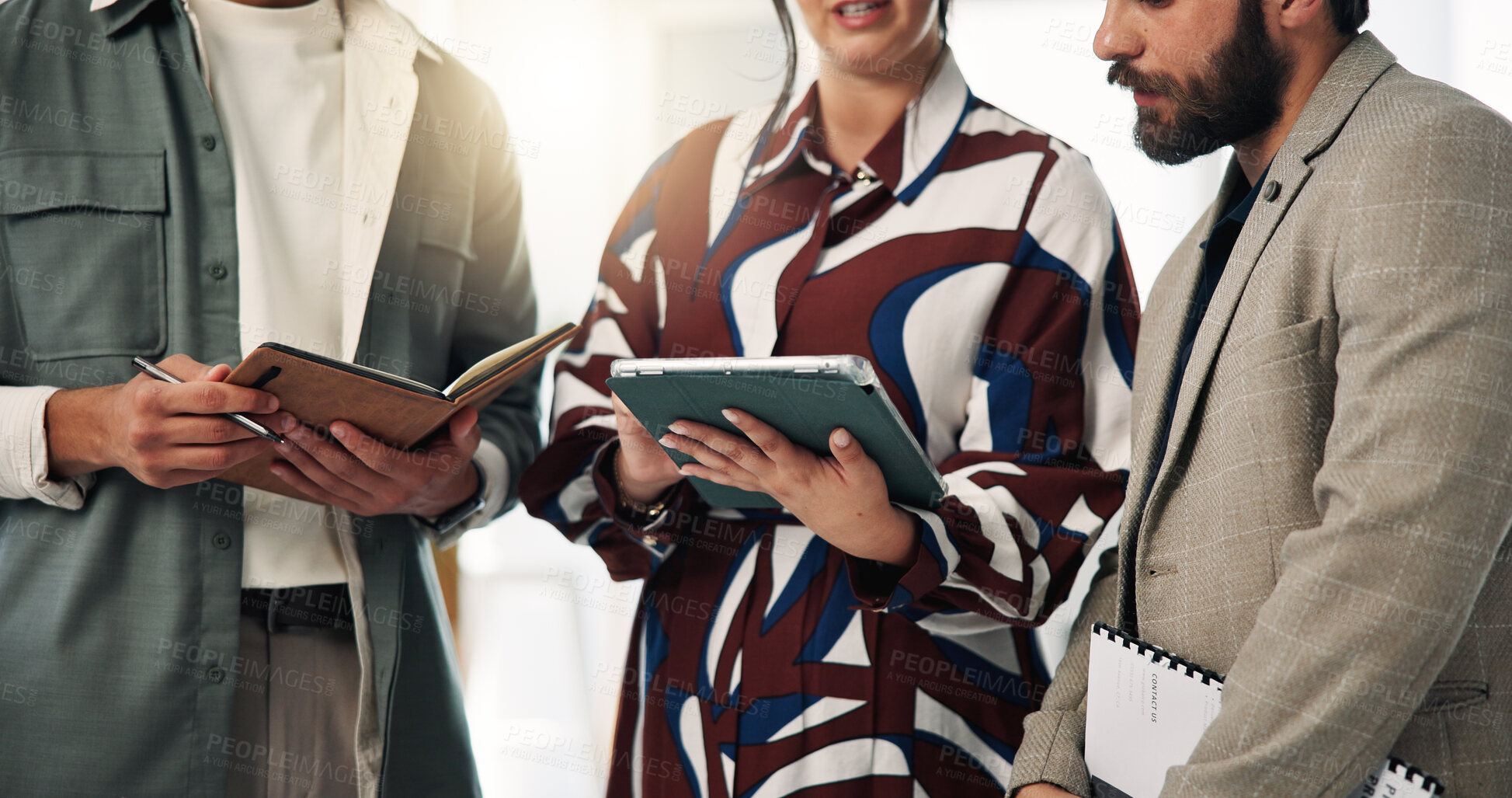 Buy stock photo Notebook, meeting or hands with tablet for feedback, explain project assignment or details for proposal. Brand requirement, teamwork or people with director for discussion, campaign planning or tech
