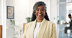 Portrait, mature woman and entrepreneur in creative agency with smile, pride and copywriting company. Professional, confident or African ceo in startup for campaign development, marketing or branding