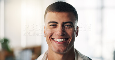 Buy stock photo Happy man, portrait and creative with pride in office for business startup or development. Businessman, employee or company growth with smile for career, improvement or job opportunity in workplace