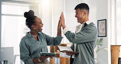 Buy stock photo High five, success and tablet with designer people in office together for bonus or motivation. App, collaboration and congratulations with design team in creative workplace for goals or target