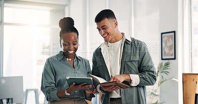 Buy stock photo Notebook, meeting or people with tablet for feedback, explain project assignment or details for proposal. Brand requirements, teamwork or employees with director for discussion, campaign plan or tech