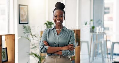 Buy stock photo Crossed arms, happy and portrait of black woman in office with confidence for finance career. Smile, professional and African female financial manager with pride for investment proposal at workplace.