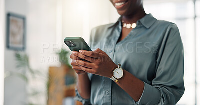 Buy stock photo Hands, smartphone and woman in office, typing or digital app for communication. Person, connection or professional in workplace, cellphone or message to contact, email notification or website info