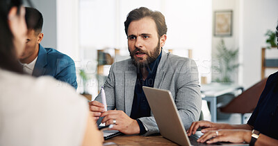 Buy stock photo Meeting, investor and business man in office, conversation and feedback for investment deal. Corporate professional, men and women in workplace, profit contract and discussion for trading agreement