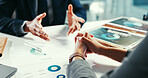 Hands, discussion and meeting in office, paperwork and collaboration for marketing strategy or stats. Advertising, team and people with documents for performance review, chart and plan for project