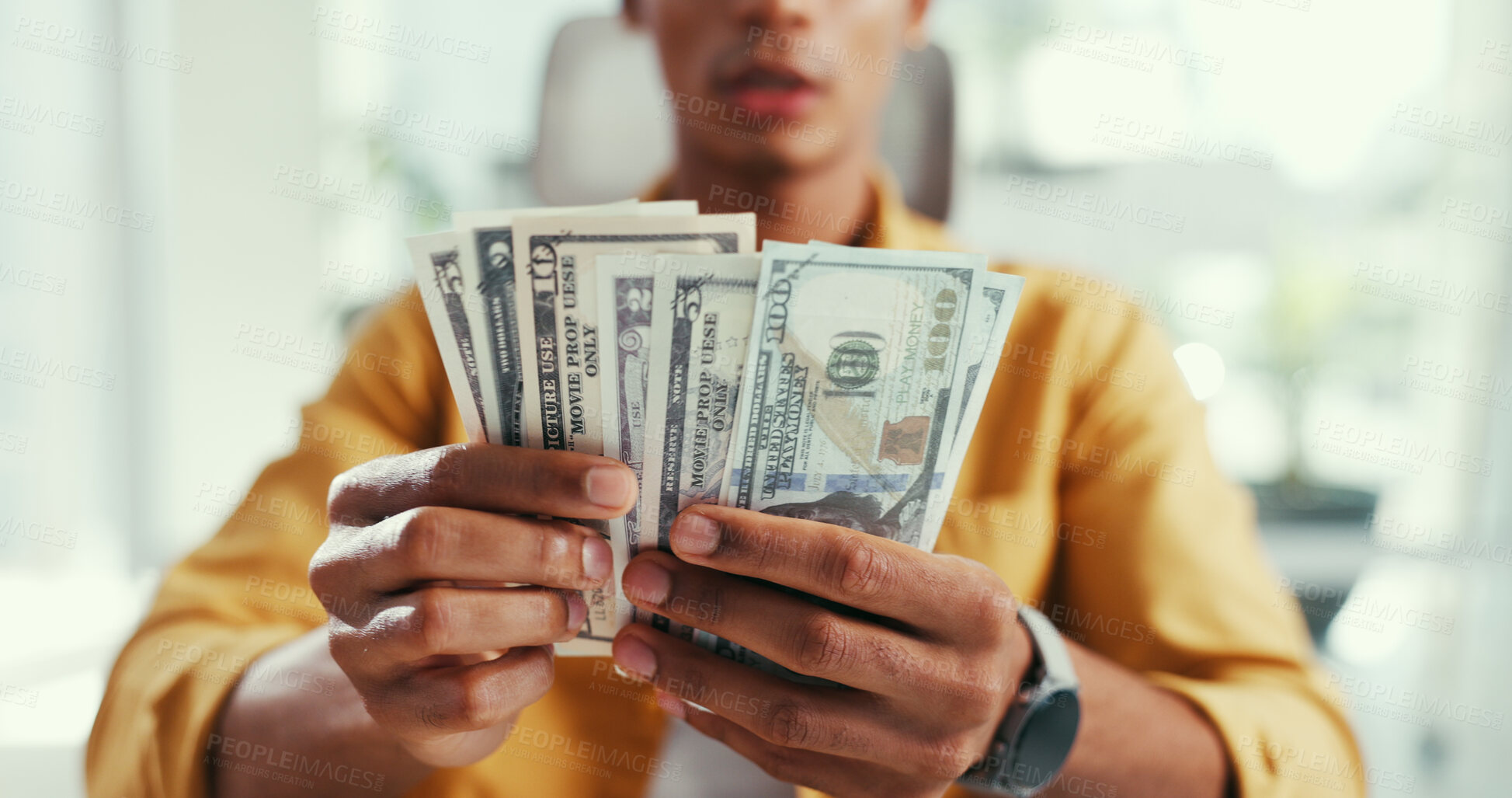 Buy stock photo Hands, business and man with money, counting and finance management with savings account. Payment, entrepreneur and person in office, budget control and cash for startup, economic growth and funding