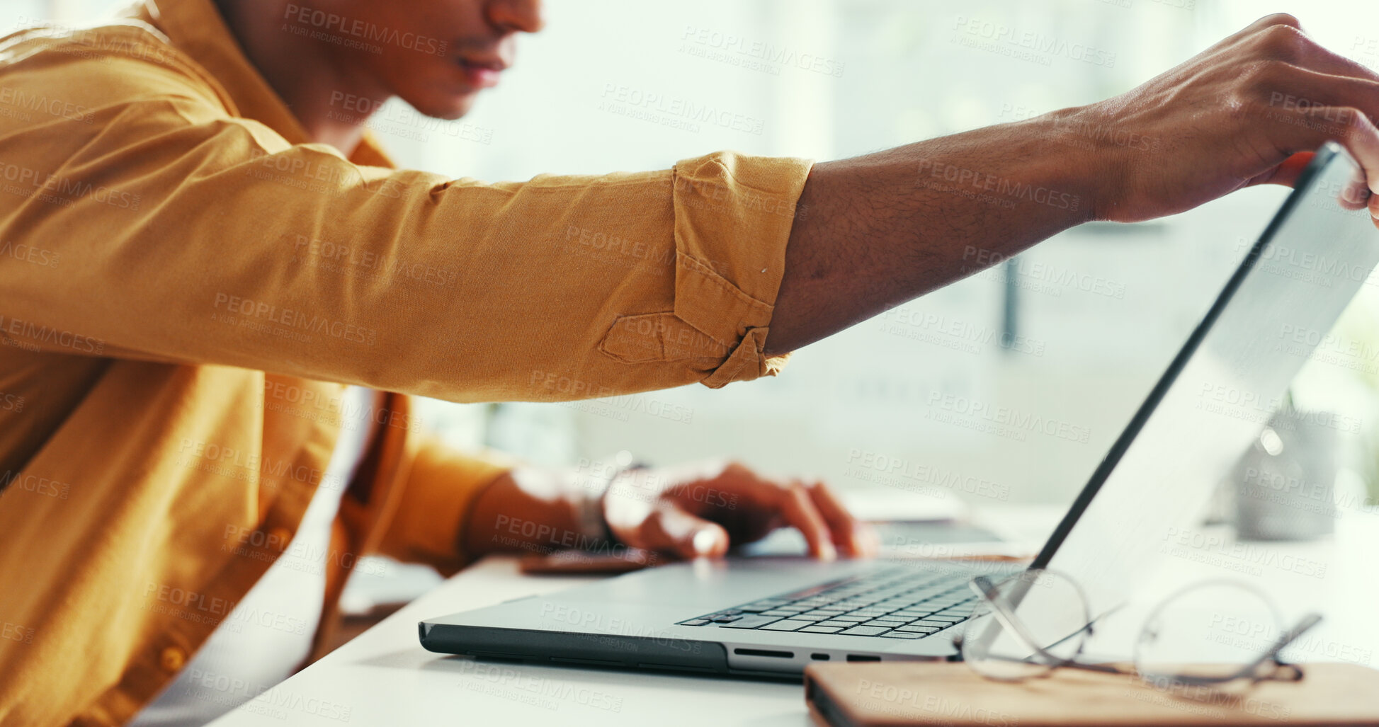 Buy stock photo Laptop, hands and businessman in office with research for creative project with email for feedback. Technology, reading and male magazine editor with computer for article with publishing in workplace