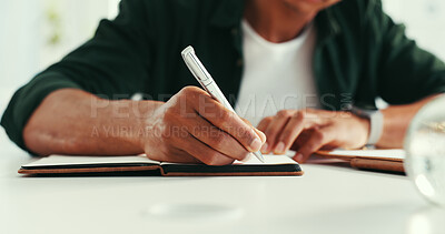 Buy stock photo Hands, writing or man in workplace, notebook and story planning for article, agenda or schedule. Checklist, person or journalist with documents, research or ideas for column, news summary or creative