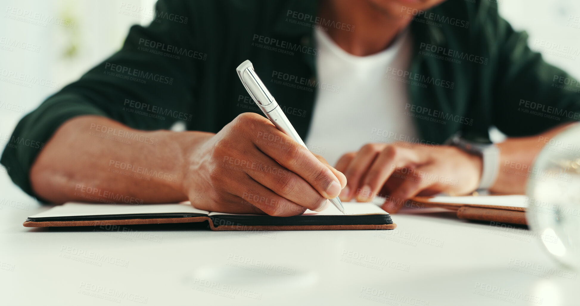 Buy stock photo Hands, writing or man in workplace, notebook and story planning for article, agenda or schedule. Checklist, person or journalist with documents, research or ideas for column, news summary or creative