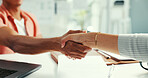 Business people, meeting and agreement with handshake for partnership, deal or onboarding in office. Employees, colleagues or shaking hands with partner for recruiting or hiring process in workplace
