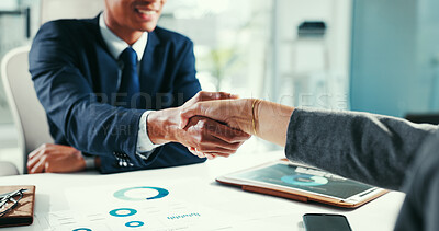 Buy stock photo Business people, meeting and handshake with agreement in office for partnership or deal. Businessman, employees or colleagues shaking hands with documents for onboarding recruitment or job hiring