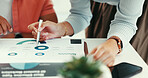 Office, charts and hands with paperwork, meeting and discussion for digital marketing with research. Advertising, performance review and people with documents for data analysis, stats and strategy