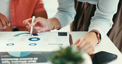 Buy stock photo Office, charts and hands with paperwork, meeting and discussion for digital marketing with research. Advertising, performance review and people with documents for data analysis, stats and strategy