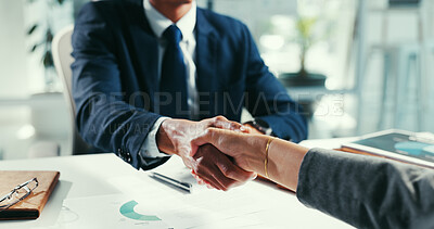 Buy stock photo Shaking hands, deal and documents at at office meeting, graphs and goals with agreement at company. Business people, success and handshake with motivation, feedback or collaboration at finance agency