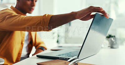 Buy stock photo Man, hands and open laptop in office for business, email notification and submission for news report. Person, copywriting or journalist in workplace, pc and internet for website blog or start article