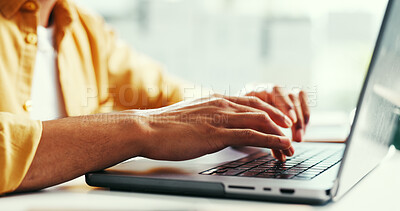 Buy stock photo Hands, business and man in office, laptop and research for news report, submission and internet. Closeup, journalist and person in workplace, pc and creativity for article, proofreading and typing