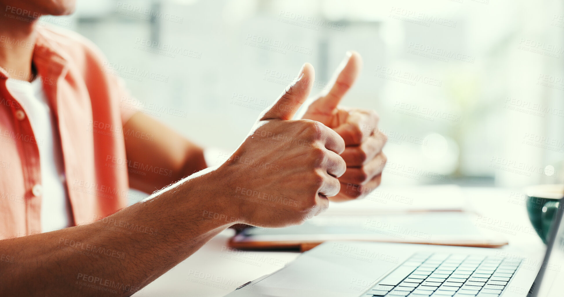 Buy stock photo Hands, thumbs up and laptop on video call at office for thanks, symbol or agreement for deal at startup. Person, computer and yes sign for virtual meeting, feedback or hand gesture at creative agency