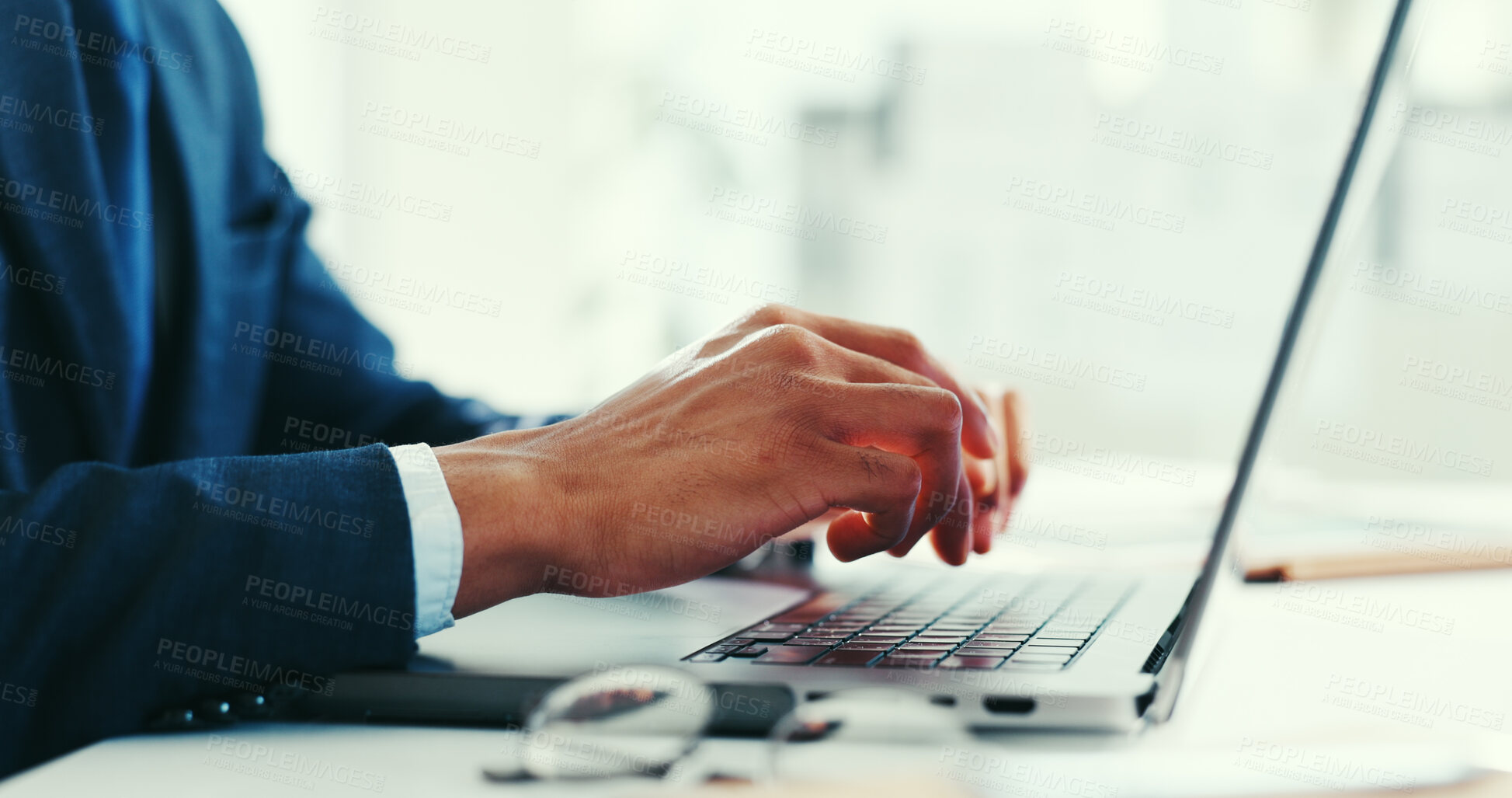 Buy stock photo Businessman, hands and typing in office with laptop, financial statement or email for audit update. Person, browsing or research in workplace with computer, finance report or feedback for accounting.