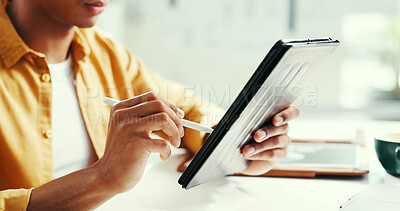 Buy stock photo Man, hands and writing in office with tablet, research and idea planning for web design company. Digital designer, person and creativity in workplace with tech, site testing and review for project.