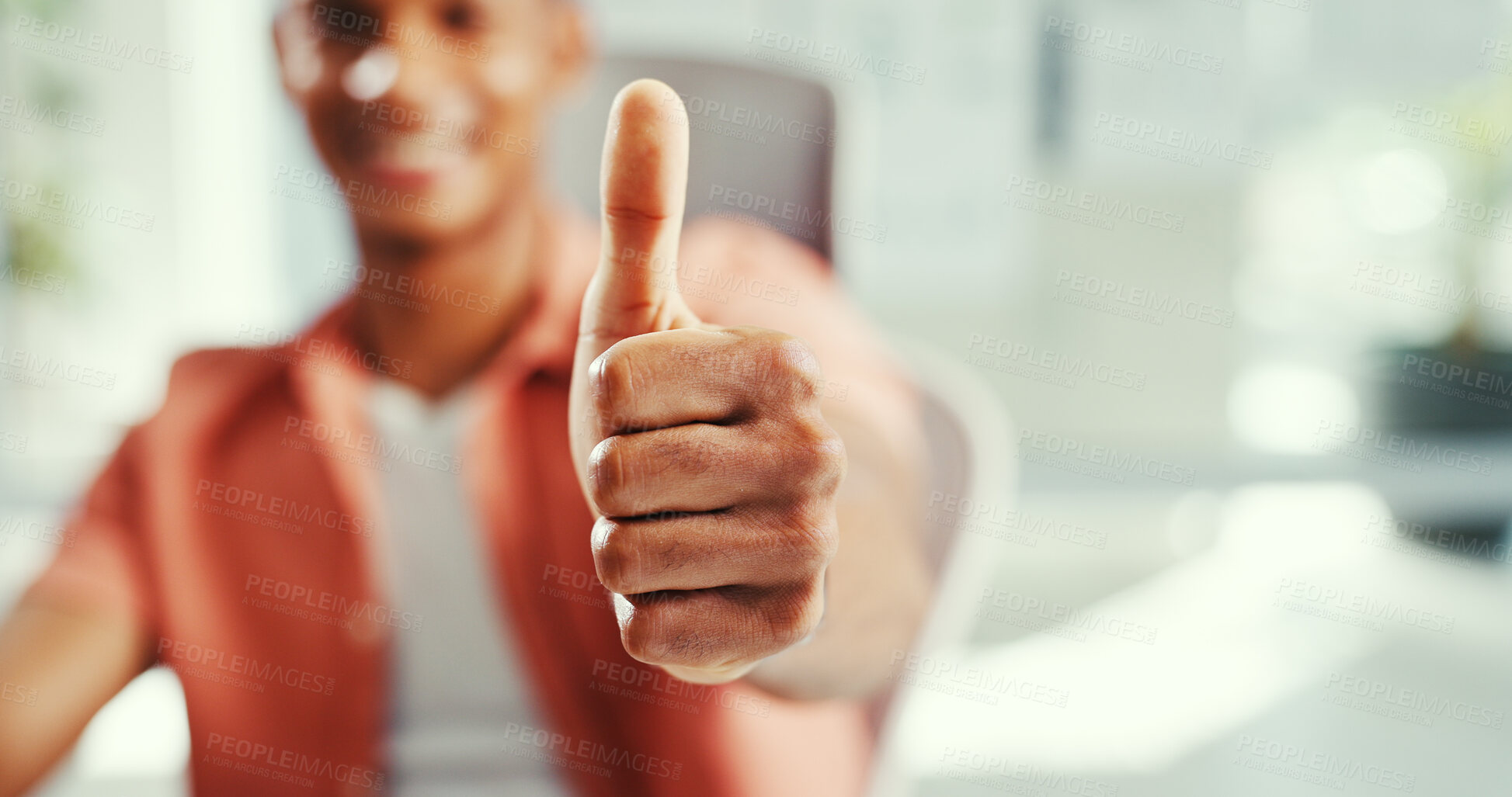 Buy stock photo Happy, businessman or success with thumbs up in office for good job, well done or thank you. Man, employee or smile with like emoji, yes sign or OK for approval, feedback or satisfaction in workplace