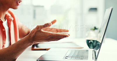 Buy stock photo Hands, laptop and video call at office, discussion or explain for collaboration at startup company. Person, computer and consultation with virtual meeting, gesture or communication at creative agency