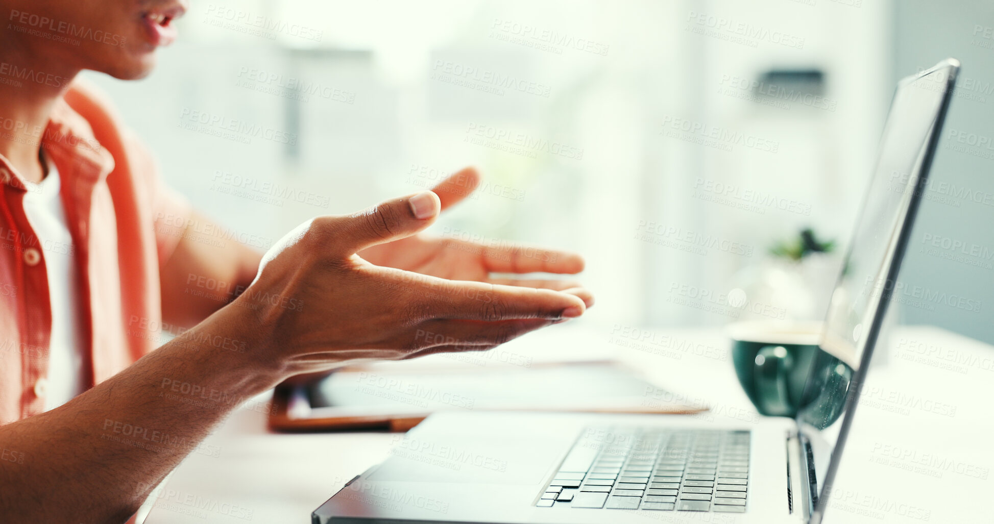 Buy stock photo Hands, laptop and video call at office, discussion or explain for collaboration at startup company. Person, computer and consultation with virtual meeting, gesture or communication at creative agency