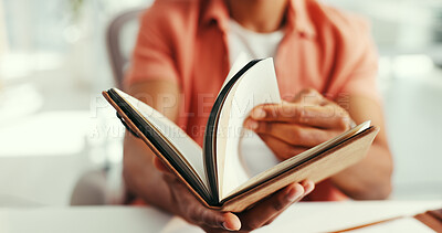 Buy stock photo Hands, notebook and review for project at startup with checklist, schedule or agenda at media company. Person, writer and journalist for proposal, reminder and admin for report at creative agency