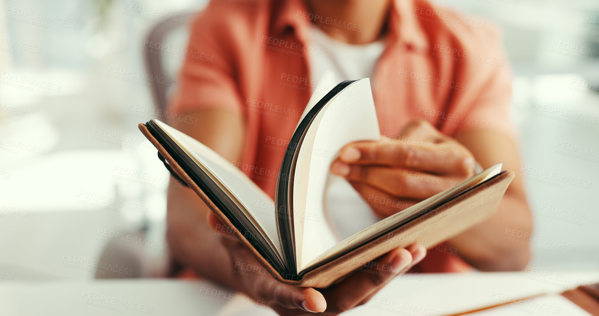 Buy stock photo Hands, notebook and review for project at startup with checklist, schedule or agenda at media company. Person, writer and journalist for proposal, reminder and admin for report at creative agency