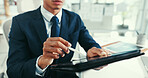 Businessman, hands and stylus in office with tablet, financial statement or audit for signature. Person, writing or tech in workplace for finance report, accounting administration or management plan.