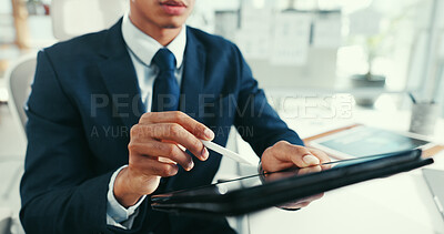 Buy stock photo Businessman, hands and stylus in office with tablet, financial statement or audit for signature. Person, writing or tech in workplace for finance report, accounting administration or management plan.