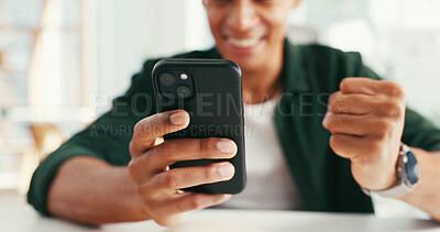 Buy stock photo Hands, phone and celebration with fist pump at office, smile or excited for funding deal at startup. Person, smartphone and success with goals, notification or achievement with app at creative agency