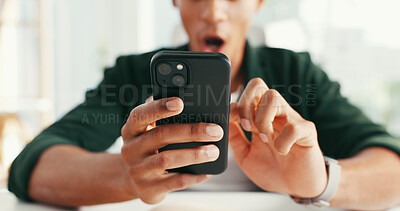 Buy stock photo Man, hands and scroll in office with phone, online chat and surprise for social media announcement. Person, shock or browse in workplace with tech, notification or text message for reading good news.