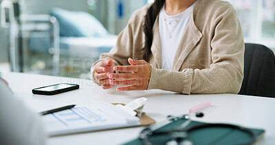 Buy stock photo Consulting, advice and hands of doctor in hospital for support, medical checkup and test results discussion. Healthcare exam, diagnosis review and treatment plan with people in clinic for appointment