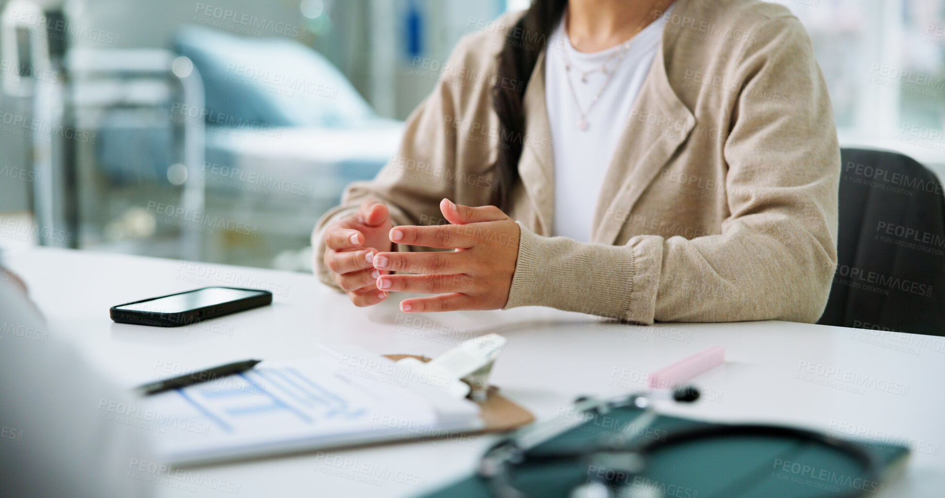 Buy stock photo Consulting, advice and hands of doctor in hospital for support, medical checkup and test results discussion. Healthcare exam, diagnosis review and treatment plan with people in clinic for appointment