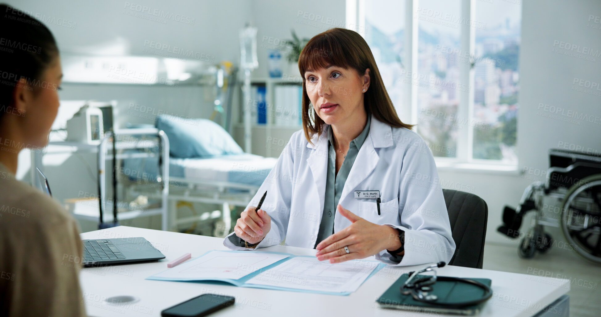 Buy stock photo Doctor, patient and discussion with file in consultation for test results, health feedback or diagnosis. Healthcare, mature woman and documents in clinic checkup for treatment plan and medical advice