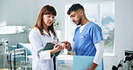 Doctor, nurse and planning with tablet in clinic for training, research and teamwork or management. Healthcare professionals, people and mentor with digital tech for internship, schedule or meeting
