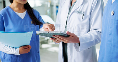 Buy stock photo Doctor, nurses and hands with tablet for training, research and teamwork or management in clinic. Healthcare professionals, people and mentor with digital tech for internship, schedule or meeting