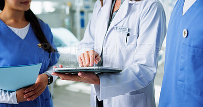 Buy stock photo Doctor, nurses and hands with tablet for planning, research and teamwork or management in clinic. Healthcare professionals, people and mentor with digital tech for internship, schedule or meeting