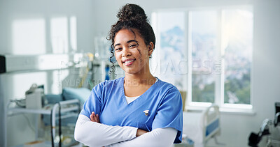 Buy stock photo Crossed arms, happy and portrait of nurse in hospital with confidence for medical career, job and service. Nursing, clinic and woman with pride and smile for about us, patient care and healthcare