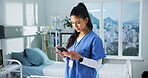 Nurse, typing and woman with phone in hospital for online schedule, notification and communication. Healthcare, clinic and person on smartphone for email, medical research and contact for telehealth